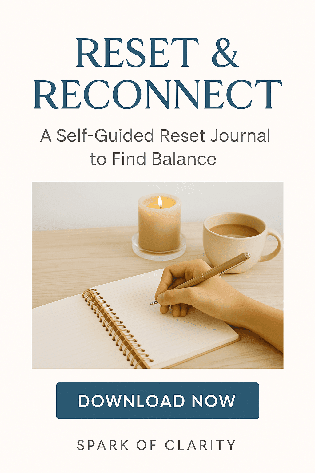 Reset & Reconnect journal promotion with a candle and cup of coffee on a table.